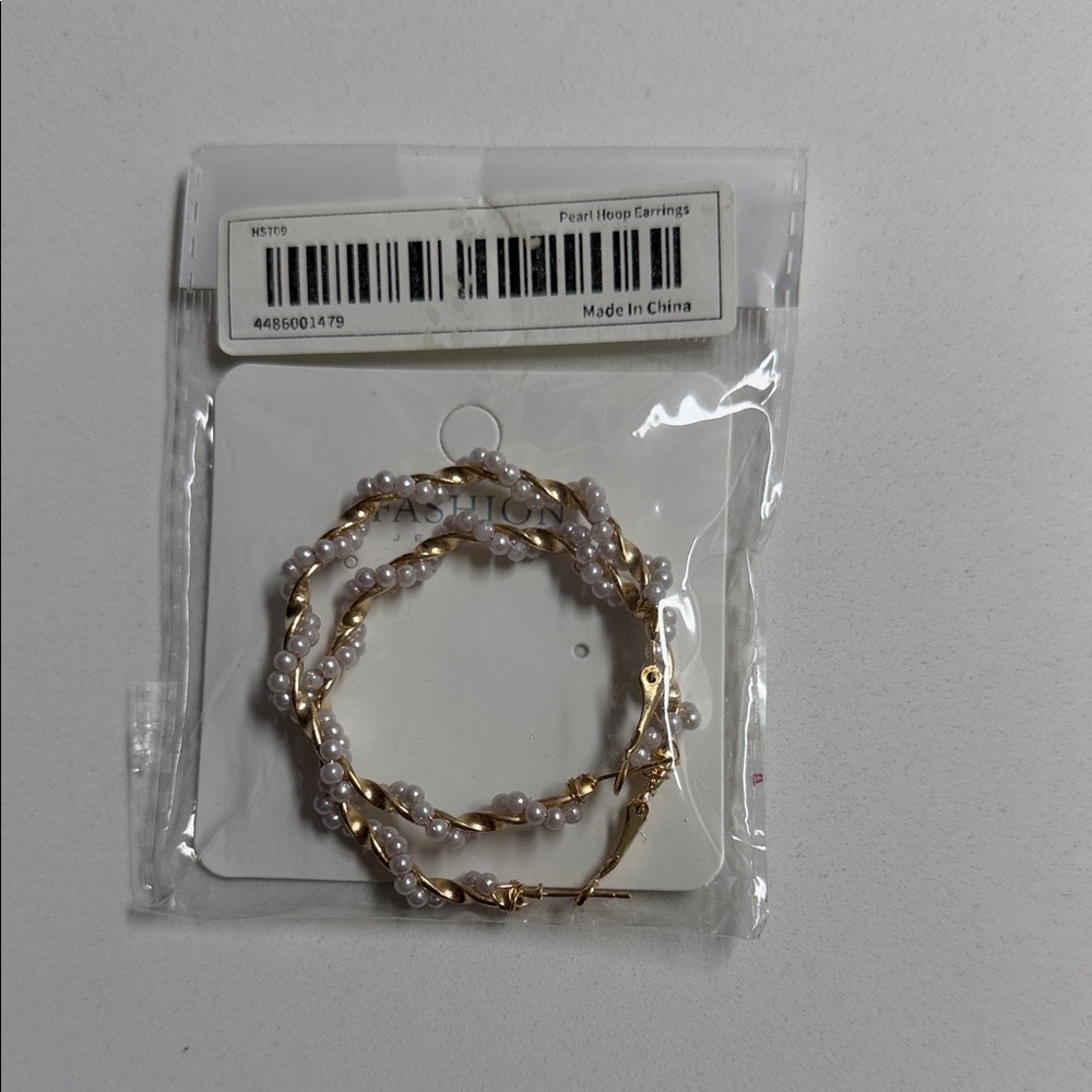 Gold and White Pearl Hoop Earrings
